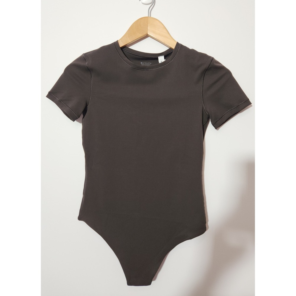 Athleta BodyMove Short Sleeve Crew Bodysuit Truffle Brown XS New - Picture 3 of 9